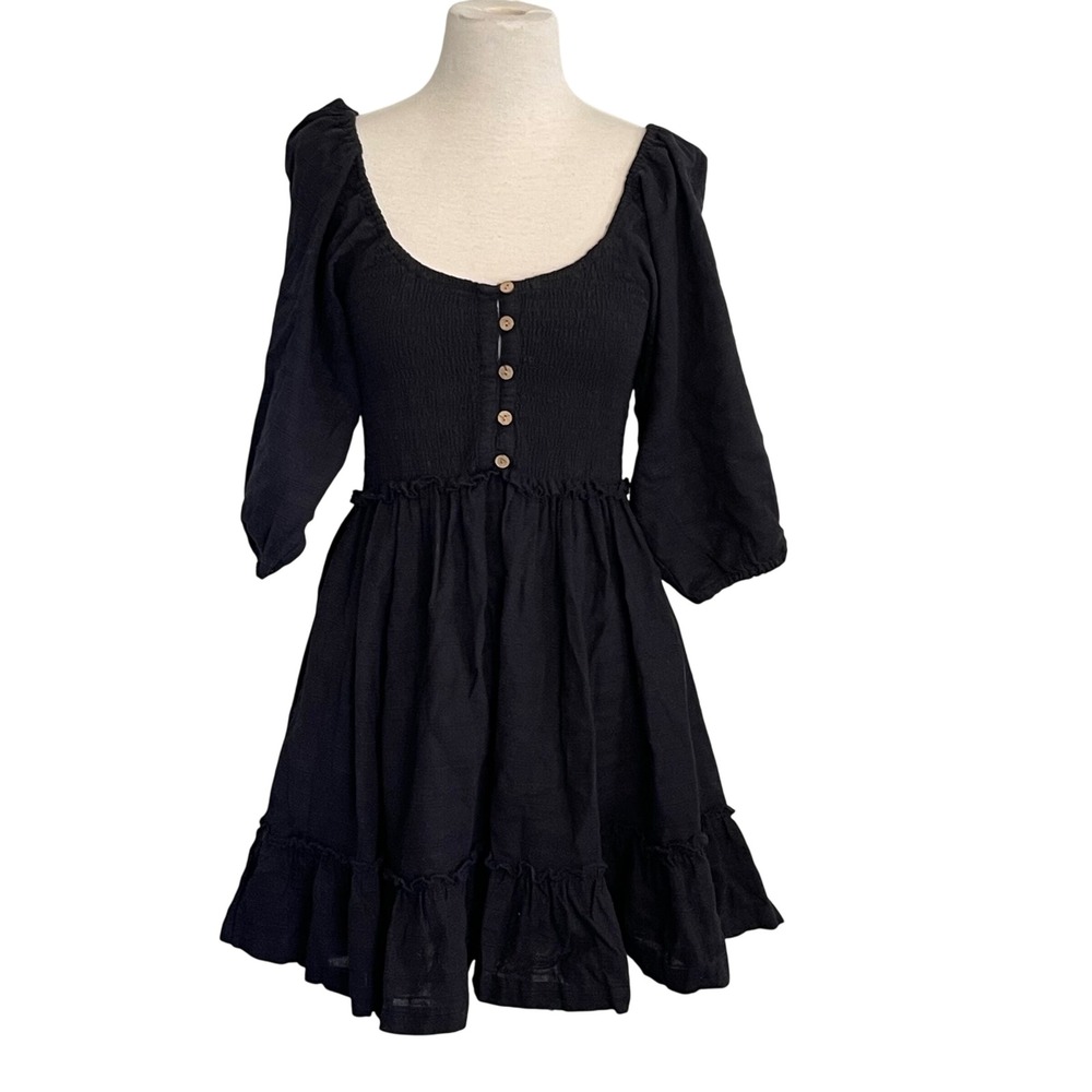 Free People Mini Dress Black XS Shirred Button Ruffle Hem Open Back Puff Sleeve